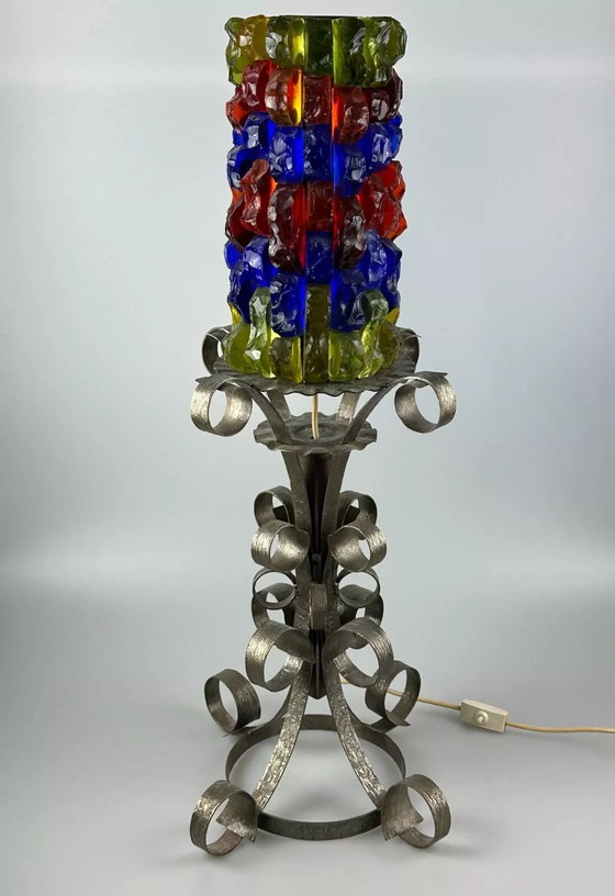 Image 1 of 60s 70s Brutalistische vloerlamp ijzer & glas vloerlamp Mid Century