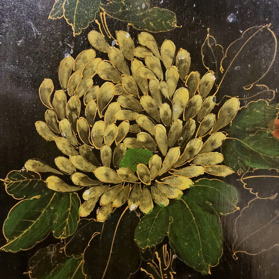 Image 1 of Vintage black Chinese lacquer cabinet with flowers and birds / bohemian / Asian / Oriental cabinet