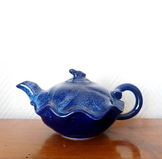 Image 1 of Art Deco blue ceramic teapot with frog