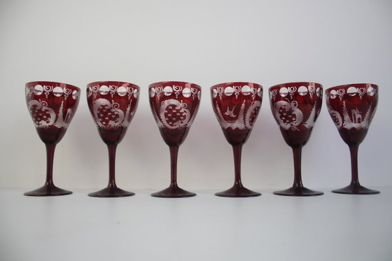 Image 1 of Antique Set of 36 pieces of Artistic cut Ruby red glass, Egermann, 1950's. 