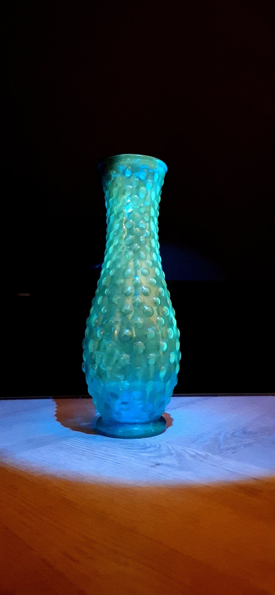 Image 1 of Vintage Empoli Hobnail Vaas Blauw Glas UV Reactief Italië 1960
