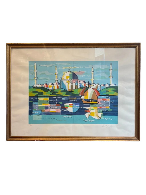 Lithograph of "Istanbul" by Ibrahim Kodra 1970s – schilderijen tekeningen, Paper, Geometrisch