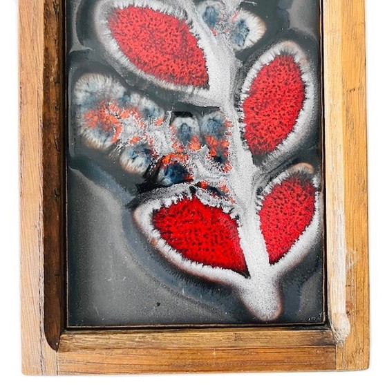 Image 1 of Framed West Germany wall plaque flowers ceramic teak West Germany 1960s