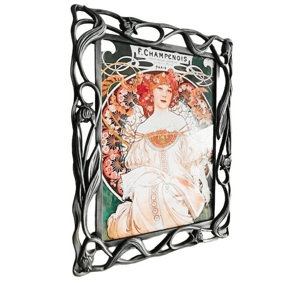 Image 1 of Vintage Art Nouveau Alphonse Mucha painting Champenois floral photo frame metal