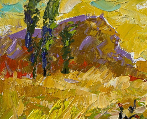 Image 1 of Origineel olieverfschilderij: Zomers veldlandschap, de kleuren van de oogst.