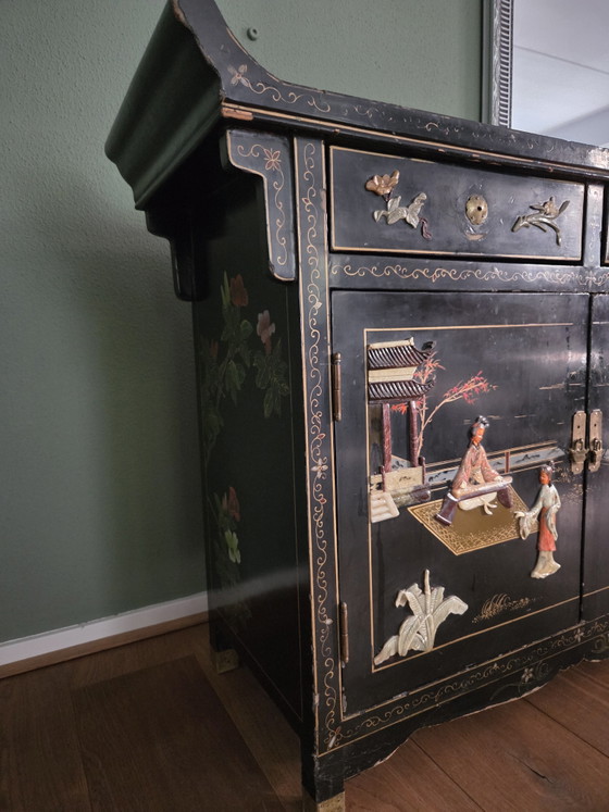 Antique Chinese Cabinet with Paintings and Soapstone – Sideboard, Wood (photo 3 of 15)