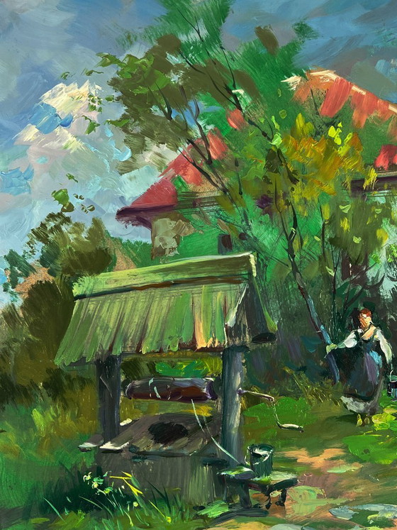 Image 1 of Peinture à l'huile originale, paysage rural, puits de village d'été