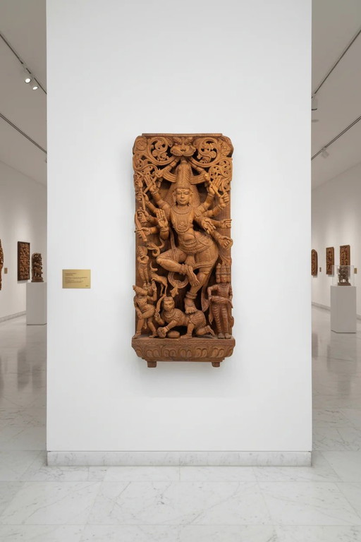 Monumentaal Antiek Zuid-Indiaas Houten Tempelpaneel van Shiva's Kosmische Dans (107 cm) – 17 kg Massief Hardhout, ca. 1900