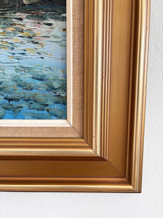 Image 1 of Peinture à l'huile originale d'époque représentant un paysage urbain bordé de canaux, datant des années 1970.