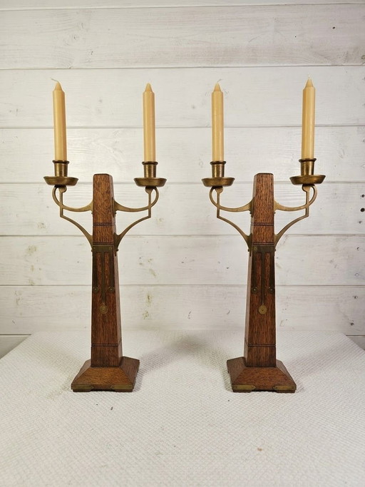 Zeldzaam Paar Art Deco / Amsterdamse School Kandelaars 