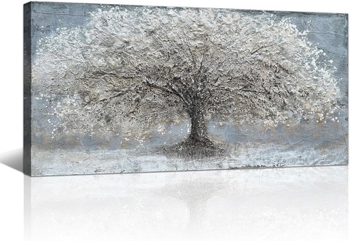 FajerminArt Grande Cadre En Bois Tableau Decoration Murale, Abstrait Argenté Gris Arbre Art Mural Impression Sur Toile Peintures