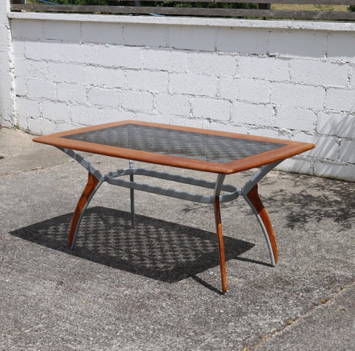 Italian Glass-Wood and Metal Dining Table - Italian Design Dinner Table - 80s