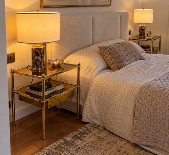 Pair of Italian Brass & Smoked Glass Bedside Tables with Drawers – 1970s – Comodini, Wood (photo 3 of 15)