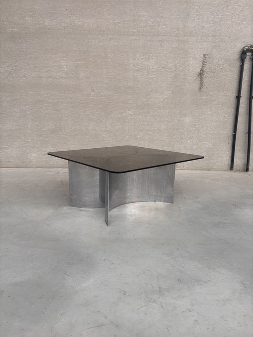 Salontafel van chroom en gerookt glas uit de jaren 70-80