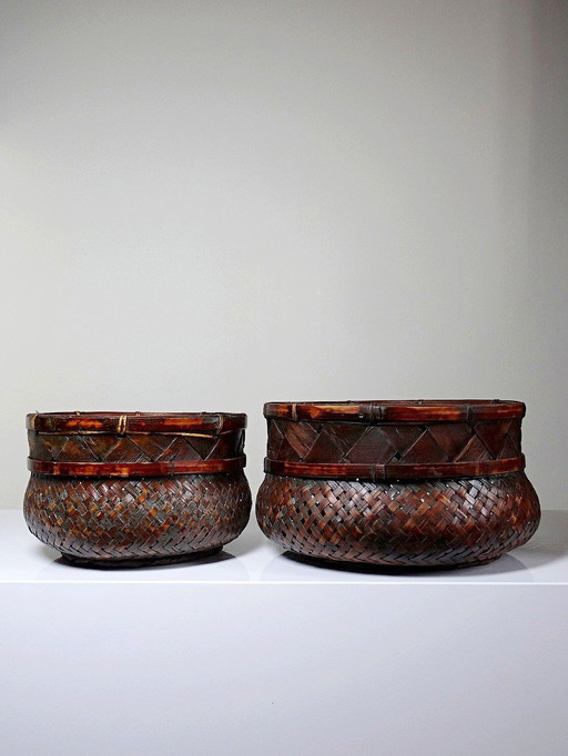 Duo of vintage Japanese woven bamboo baskets for nesting