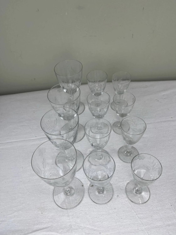 Set antiker gravierter Gläser – Gläser & Karaffe, Crystal, Glass (photo 2 of 9)