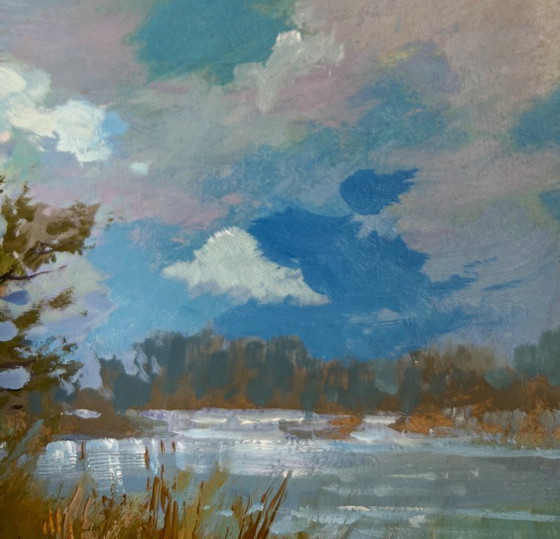 Image 1 of Origineel olieverfschilderij: Zomerlandschap langs de rivier. Zomerse reis langs de rivier.