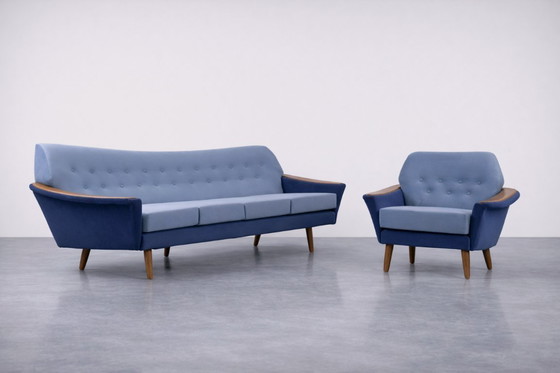Image 1 of Vintage Mid-Century Scandinavian Modern Blue Velvet Living Room Set by Holm Fabriker AB, Set of 2, 1960s