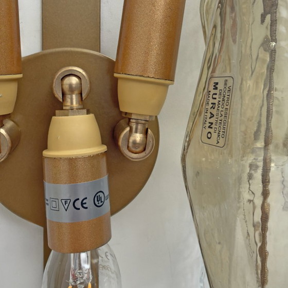 Image 1 of Paar italienische Murano-Glas-Wandleuchten aus der Mitte des 20. Jahrhunderts (Poliedri) in Bernstein und Klar