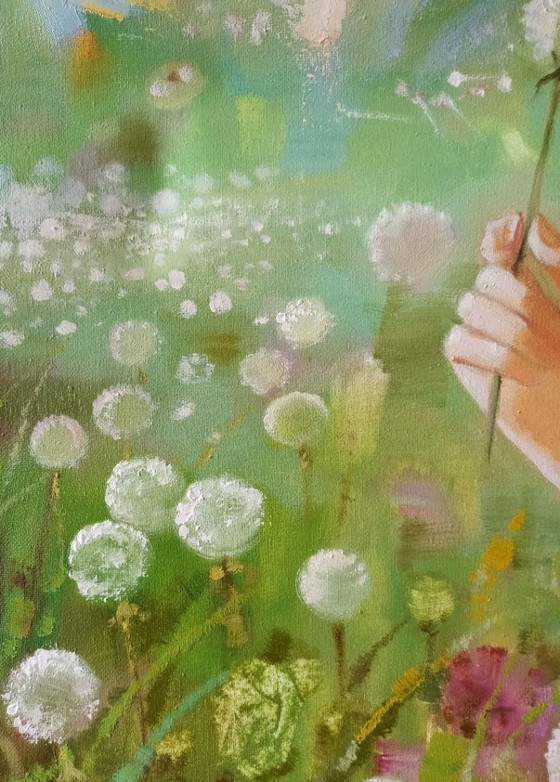 Original Oil Painting Abstract Figurative Girl Meadow Dandelions – Paintings & Drawings, Canvas (photo 6 of 12)