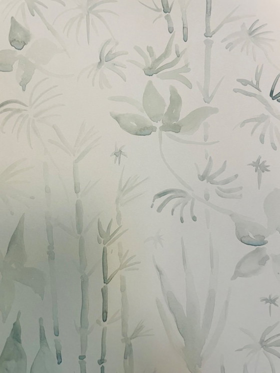Image 1 of Signed monochrome sage green watercolor "jungle" landscape