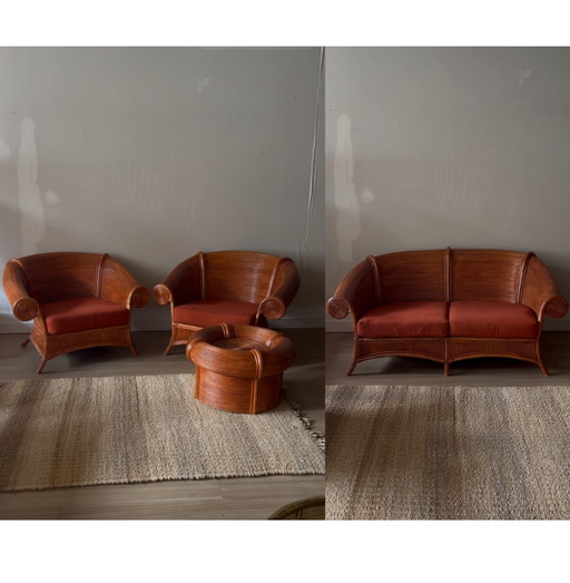 Rotan bamboe loungeset, bank 2 fauteuils Vivai del Sud design Vintage