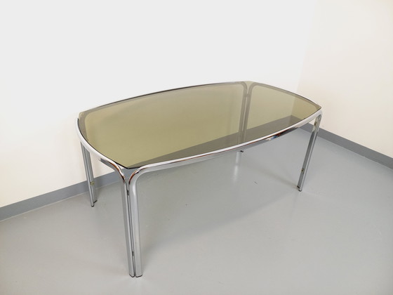 Image 1 of Incurved Rectangular Dining Table in Smoked Glass and Chrome Metal 70's Space Age Style
