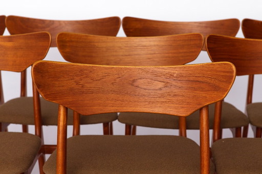 Set of 8 Schiønning & Elgaard Chairs – 1960s Danish Design for HS Møbler, Teak Dining Chairs, Green Upholstery, Restored