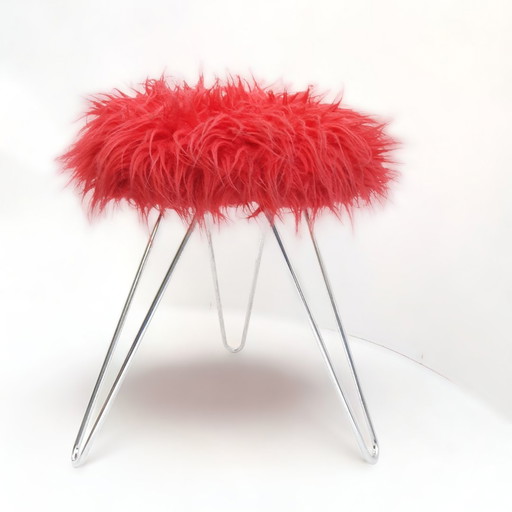 Mid Century Vintage Hairpin Tripod Stool, Red Faux Fur (Tabouret tripode en épingle à cheveux)