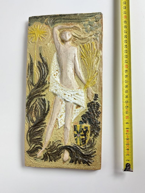 Image 1 of Belgian Ceramic Wall Plaquette with Female Figure and Sun Motif, 1970s