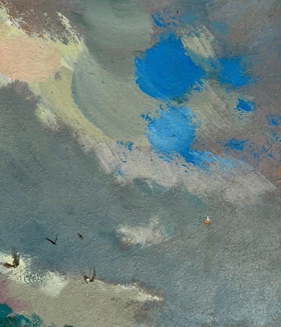 Image 1 of Original Oil Painting Summer Village Landscape The sky over the village was overcast