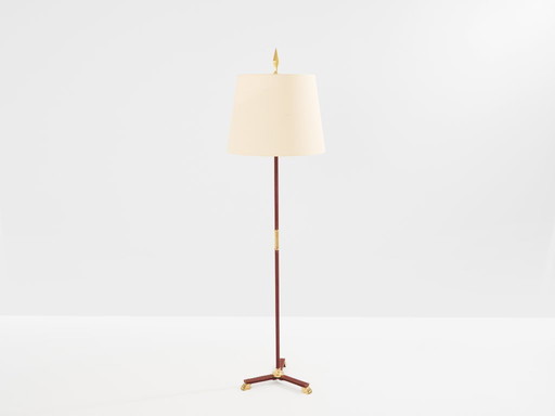 Jacques Adnet pique sellier red leather brass floor lamp 1950