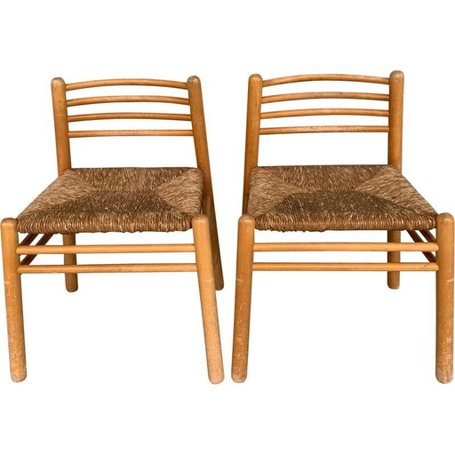 Pair of vintage pine and rush chairs, Netherlands 1960
