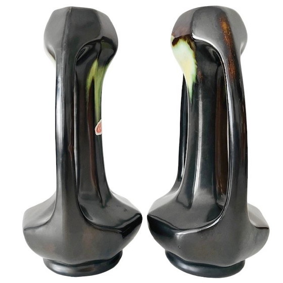Image 1 of Antique Thulin Art Nouveau vases, matte black and green ceramic, 1910s