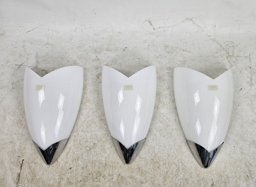 Set of three wall lamps Italian Murano white glass and chrome holder