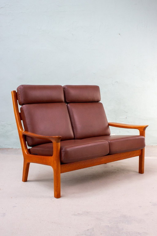 Canapé vintage en teck, style danois, Juul Kristensen, cuir, milieu du siècle