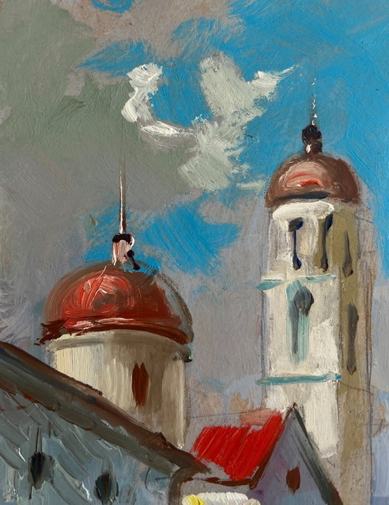 Image 1 of Original Oil Painting Summer City Landscape City on the water and white sails