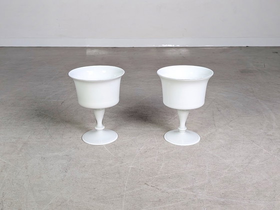 Image 1 of Set of 2 vases, goblets, glasses, white, mid-century, frosted glass, vintage 1970s