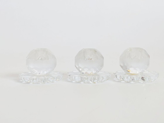 Image 1 of Set of 3 Vintage Crystal Candle Holders, Midcentury Faceted Glass Daisy Base Ornaments