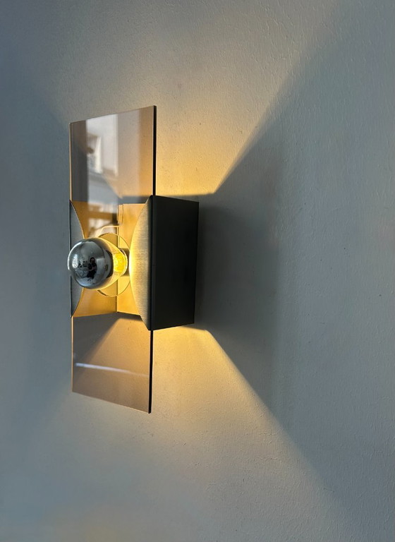 Image 1 of Coppia di applique vintage, metallo spazzolato e plexiglass fumé, Francia, 1970