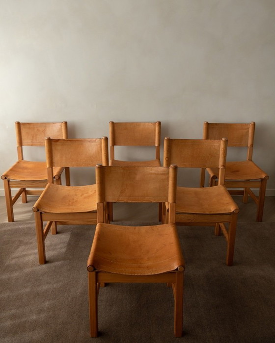 Image 1 of Vintage Kotka Dining Chairs by Tomas Jelinek for IKEA, Pine & Saddle Leather Safari Chairs, 1980s, Set of 6