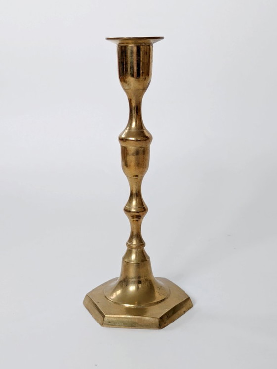 Image 1 of Set of 6 Vintage Brass Candleholders: Mixed-Height and Designs, Holiday Table