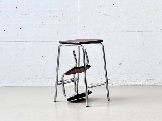 Image 1 of Tabouret vintage avec revêtement en similicuir marron et structure chromée