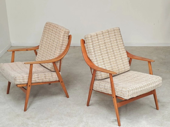 Paar Boomerang-Stil Sessel aus ecru-beigem Stoff, 1960er Jahre. – Wood, Scandinavian (photo 14 of 20)