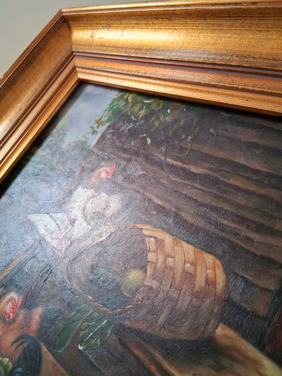 Image 1 of ORIGINAL Ölgemälde auf Holzplatte inkl. Rahmen | Hühner/Bauernhof | Signiert