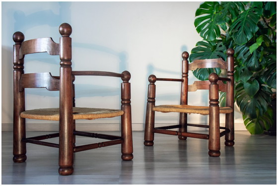 Image 1 of Eikenhouten en biezen fauteuil, brutalistische stijl, Charles Dudouyt, jaren 40