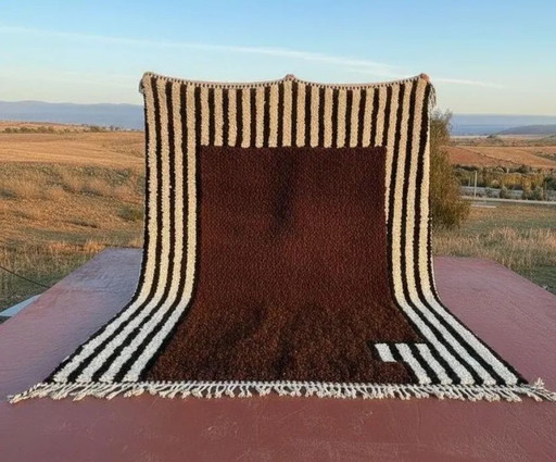 Marokkaans Beni Ourain Berber Vloerkleed – Donkerbruin & Ivoor gestreept design, Natuurlijke wol, 300 × 200 cm