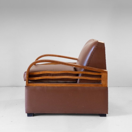 1X Italiaanse Art Déco Converteerbare Fauteuil / Slaapstoel in Bruin Eco-Leer, jaren 20. – Skai (photo 4 of 20)