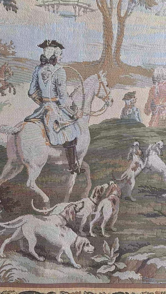 Image 1 of Large custom-made Jules Pansu French tapestry with 18th-century royal hunting scene 'en Forêt de Compiègne' 390 x 157 cm