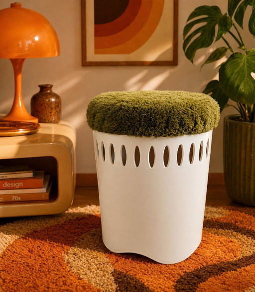 Vintage EMSA Space Age Opbergkruk – 70s Ottoman met Groene Faux Fur – Retro Wasmand & Mid Century Storage Stool